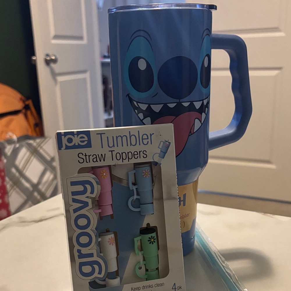 Stitch tumbler with straw and straw toppers NEW